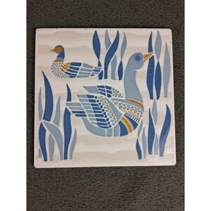 Vintage Italian Ceramic Tile Art 8" x 8" Ducks & Folk Design Made in Italy